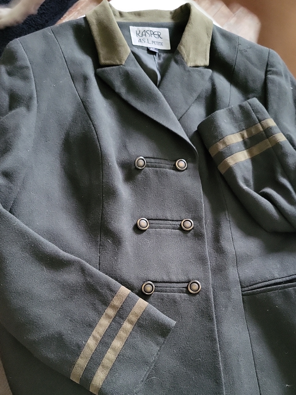 Kasper Olive Green Double-Breasted Blazer with Tan Stripe Accents